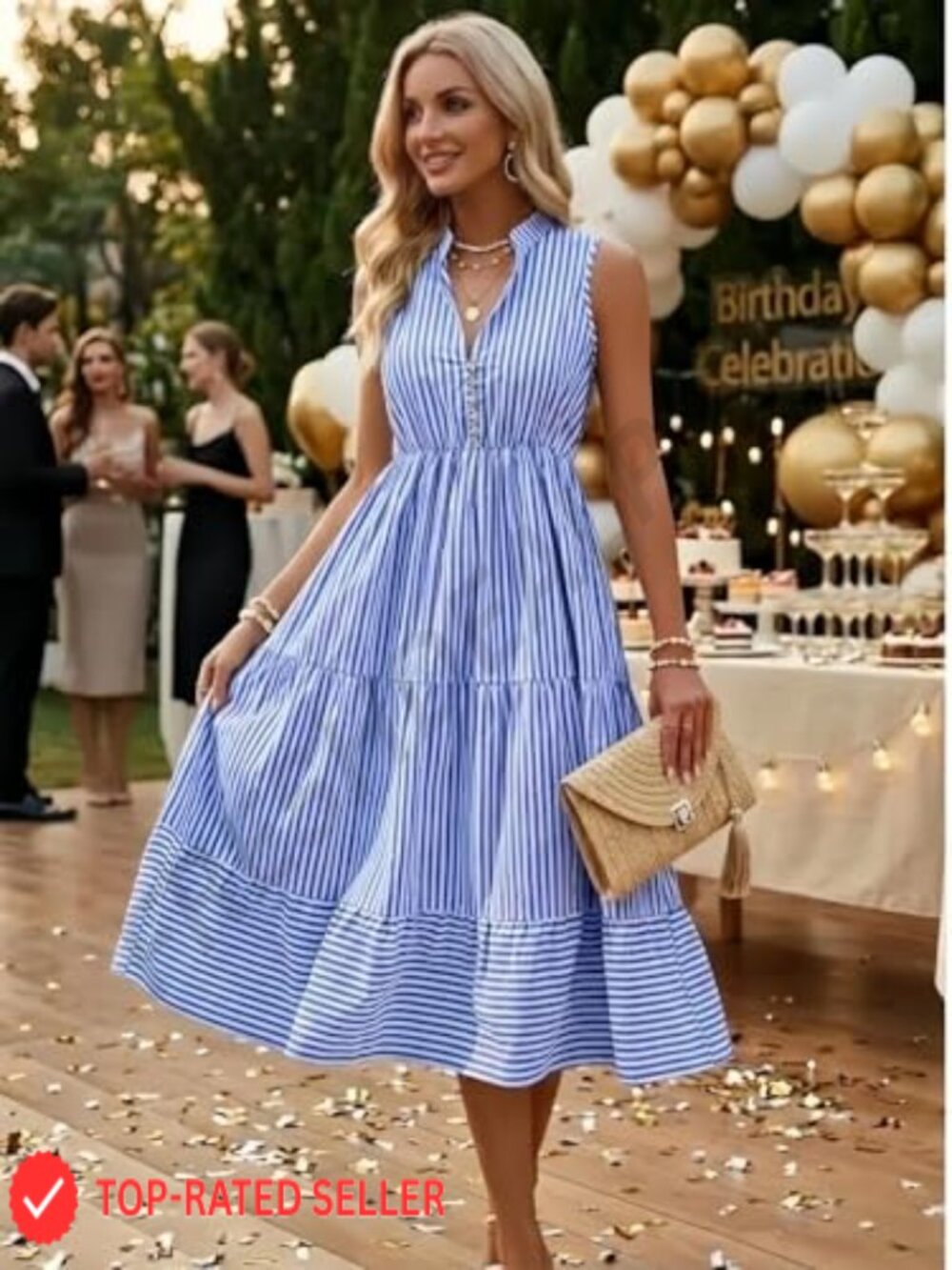 Striped V-Neck Sleeveless Midi Dress A-Line High Waist Summer Wedding Guest - Picture 2 of 7